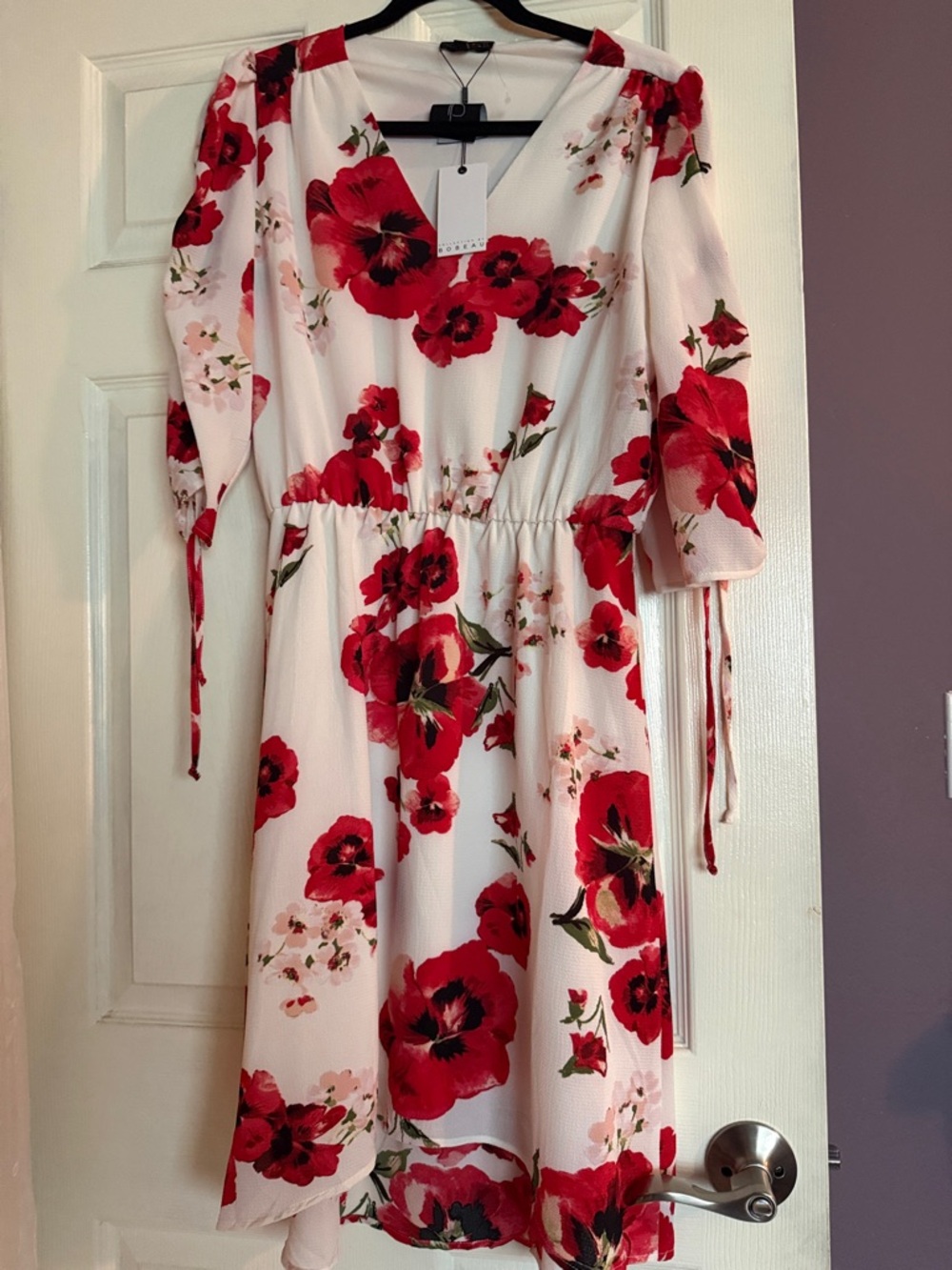 bobeau White Floral Dress with Red Poppy Print